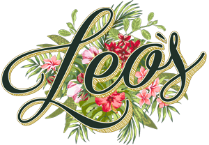 Elegant floral typography design spelling "leo's" with greenery and pink flowers.